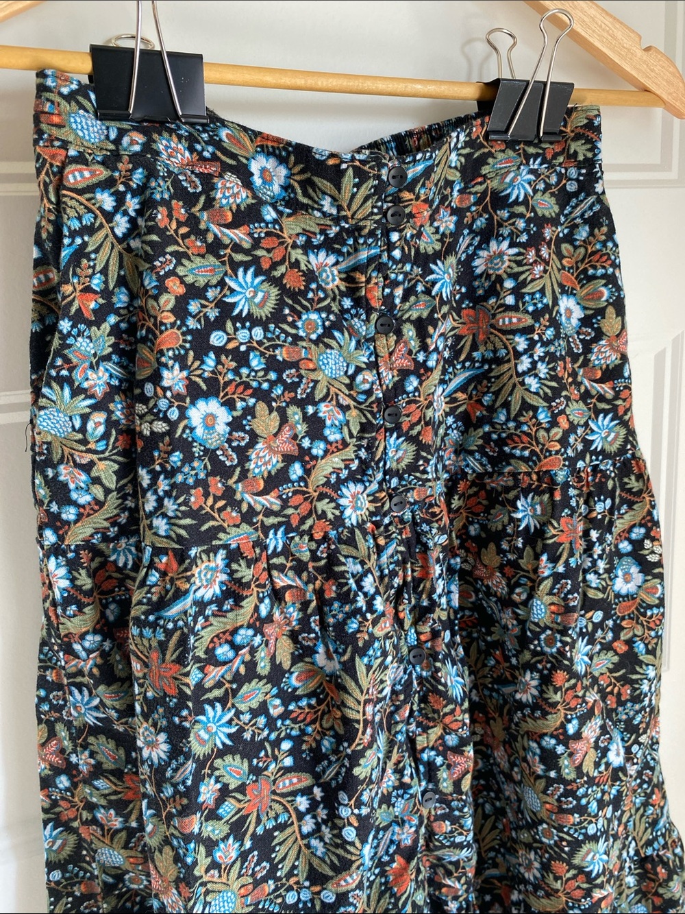 Old Navy Floral Button-Front Midi Skirt in Black, Blue, Rust, Sage